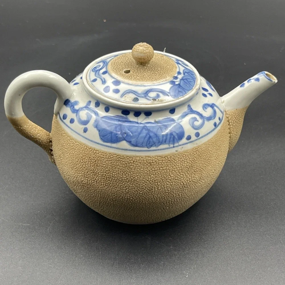 Ceramic Teapot Shark Skin Orange‎ Textured Pottery Asian Handcrafted Blue White